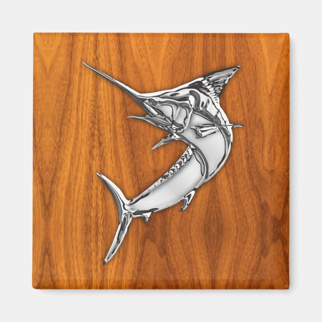 Chrome Style Marlin on Teak Wood Decor Magnet (Front)