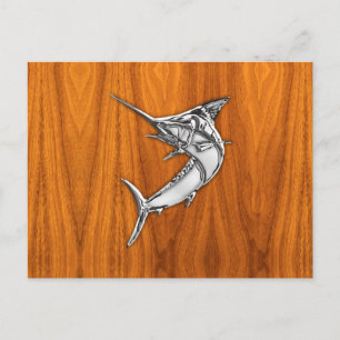 Chrome Style Marlin on Teak Wood Decor Postcard
