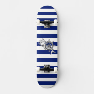 Chrome Style Mermaid on Nautical Stripes Skateboard