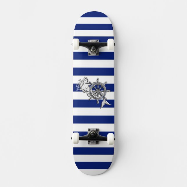 Chrome Style Mermaid on Nautical Stripes Skateboard (Front)
