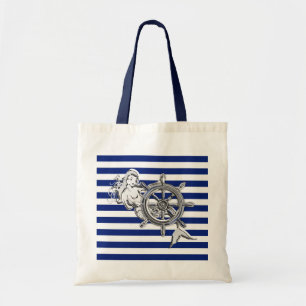 Chrome Style Mermaid on Nautical Stripes Tote Bag