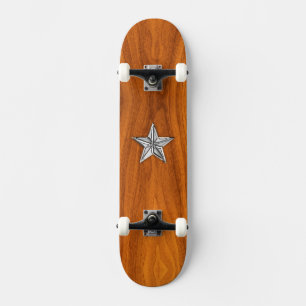 Chrome Style Nautical Star on Teak Veneer Skateboard