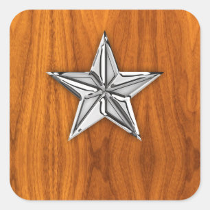 Chrome Style Nautical Star on Teak Veneer Square Sticker