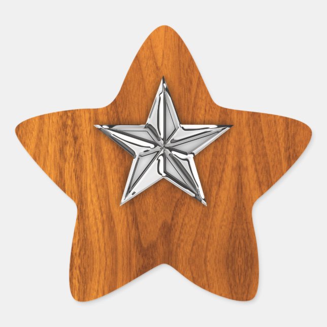 Chrome Style Nautical Star on Teak Veneer Star Sticker (Front)