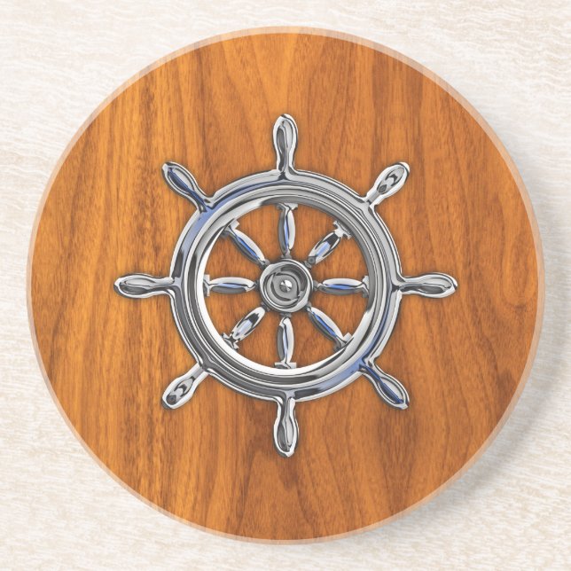 Chrome Style Nautical Wheel on Teak Veneer Coaster (Front)