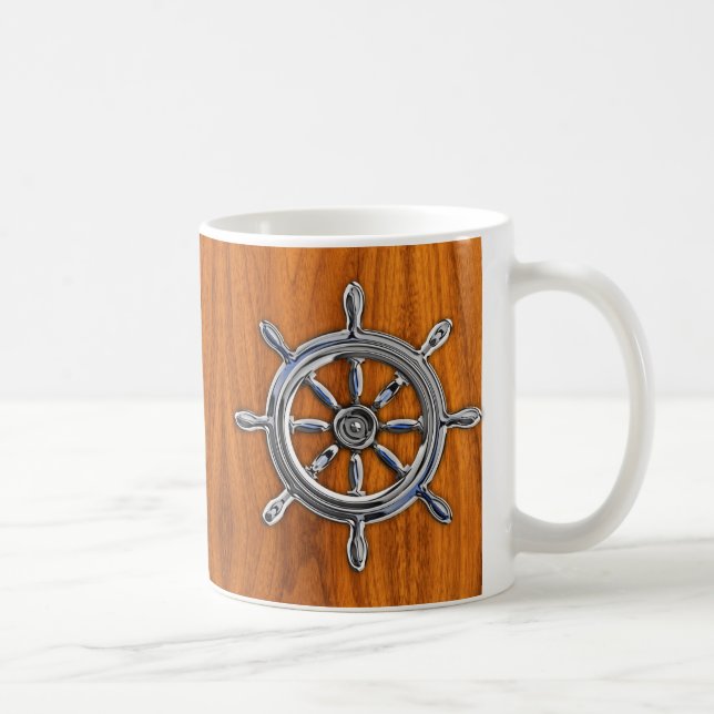 Chrome Style Nautical Wheel on Teak Veneer Coffee Mug (Right)