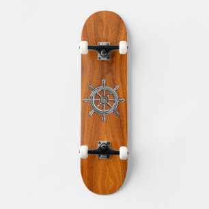 Chrome Style Nautical Wheel on Teak Veneer Skateboard