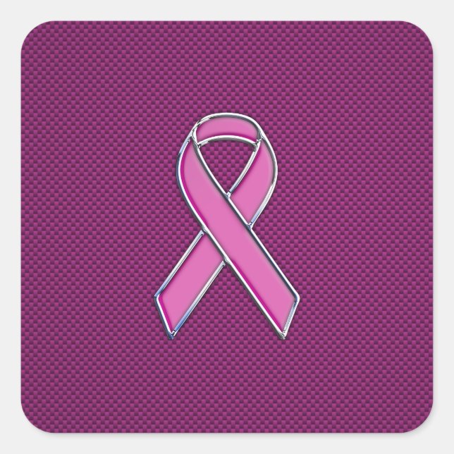Chrome Style Pink Ribbon Awareness Carbon Fibre Square Sticker (Front)
