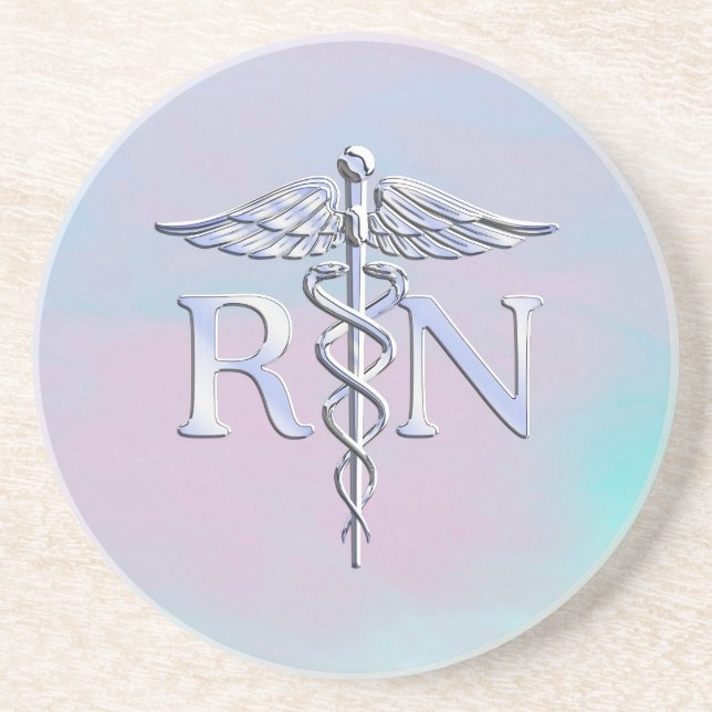 Chrome Style RN Caduceus Medical Mother Pearl Look Coaster (Front)