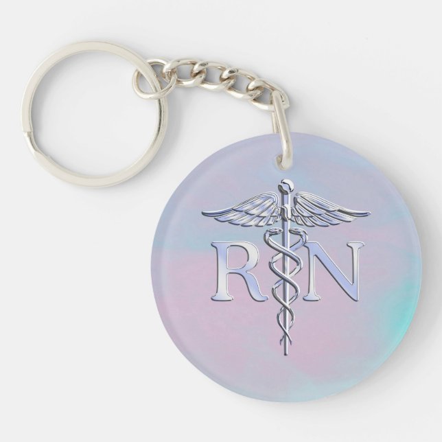 Chrome Style RN Caduceus Medical Mother Pearl Look Key Ring (Front)