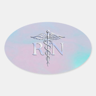 Chrome Style RN Caduceus Medical Mother Pearl Look Oval Sticker