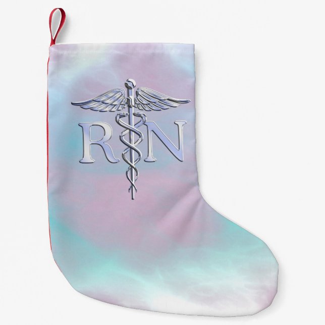 Chrome Style RN Caduceus Medical Mother Pearl Look Small Christmas Stocking (Front)