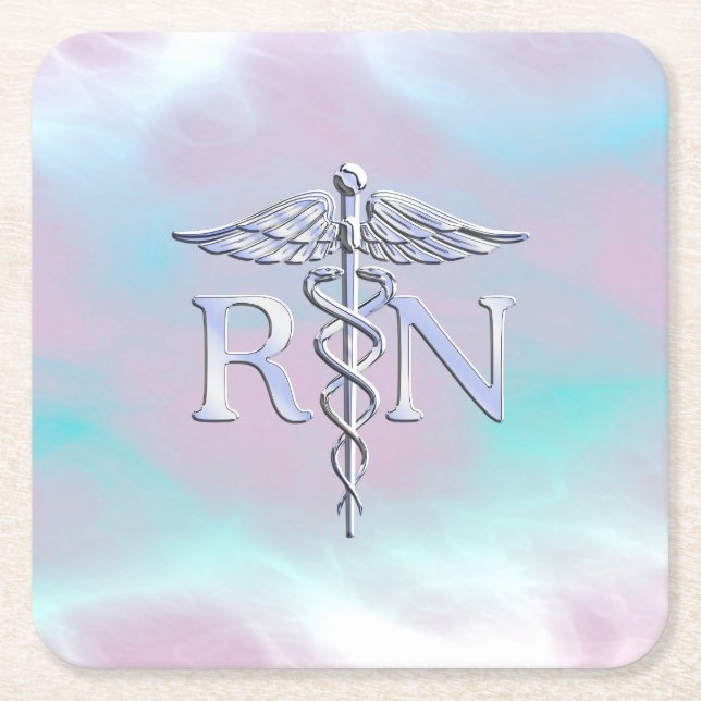 Chrome Style RN Caduceus Medical Mother Pearl Look Square Paper Coaster (Front)