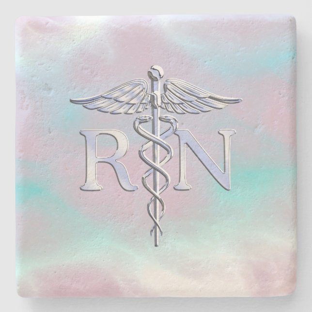 Chrome Style RN Caduceus Medical Mother Pearl Look Stone Coaster (Front)