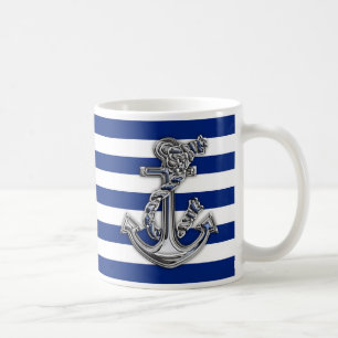 Chrome Style Rope Anchor on Nautical Stripes Coffee Mug