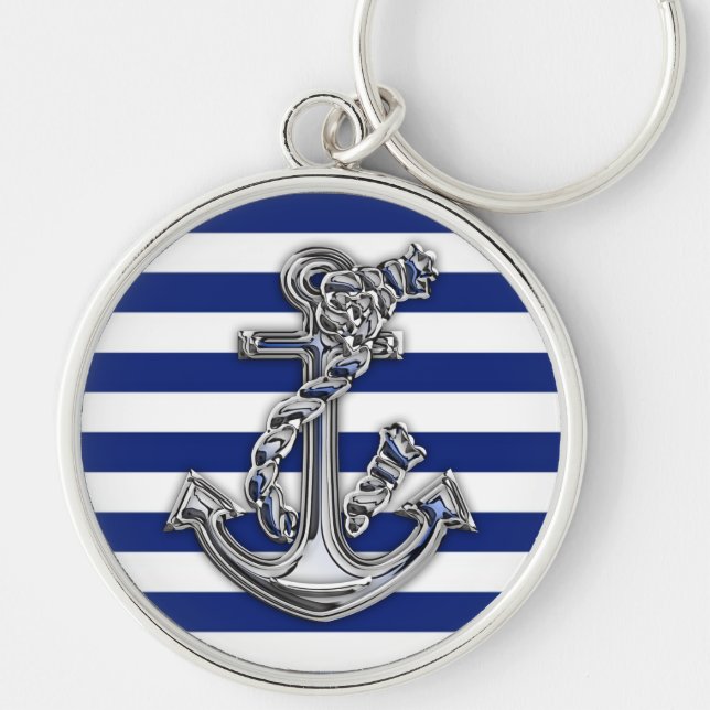 Chrome Style Rope Anchor on Nautical Stripes Key Ring (Front)