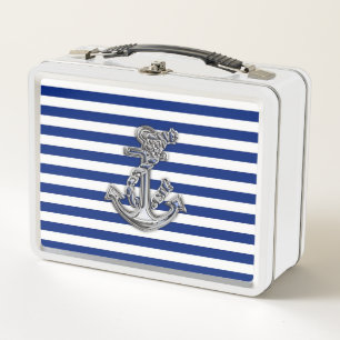 Chrome Style Rope Anchor on Navy Stripes Metal Lunch Box
