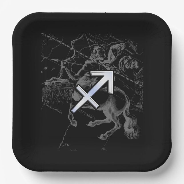 Chrome Style Sagittarius Zodiac Sign on Hevelius Paper Plate (Front)