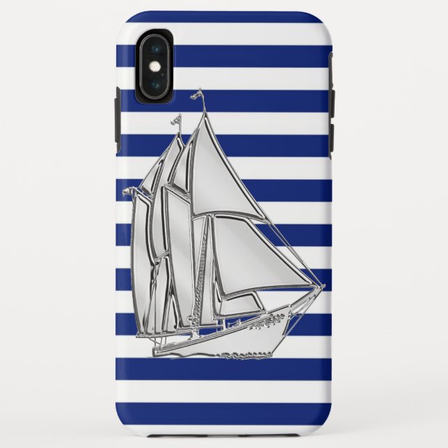 Chrome Style Sailboat on Nautical Stripes Case-Mate iPhone Case (Back)