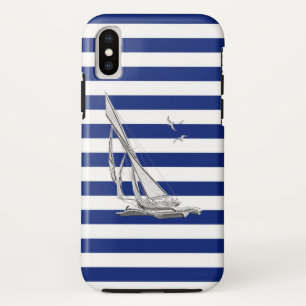 Chrome Style Sailing on Nautical Stripes iPhone XS Case