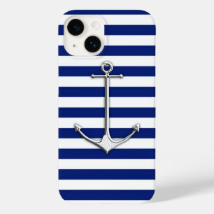Chrome Style Thin Anchor on Blue Stripes Case-Mate iPhone 14 Case