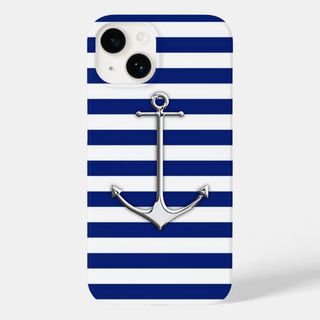 Chrome Style Thin Anchor on Blue Stripes Case-Mate iPhone Case (Back)