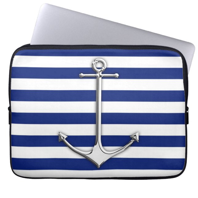 Chrome Style Thin Anchor on Navy Stripes Laptop Sleeve (Front)