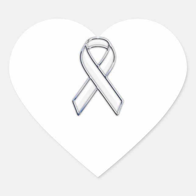 Chrome Style White Ribbon Awareness Heart Sticker (Front)