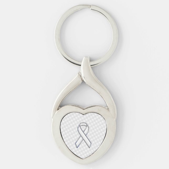 Chrome Style White Ribbon Awareness Houndstooth Key Ring (Front)