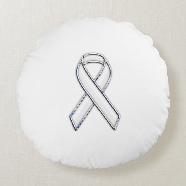 Chrome Style White Ribbon Awareness Round Cushion (Front)