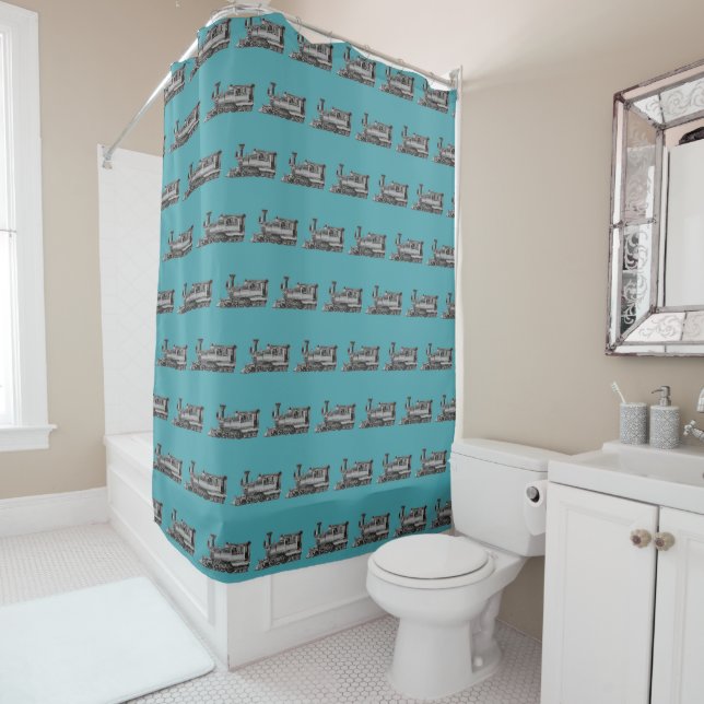 Chrome Train Ride (teal background) Shower Curtain (In Situ)