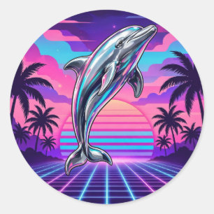 Chrome Vaporwave Dolphin — Retro Sunset Grid Palm Classic Round Sticker