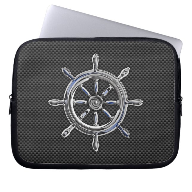 Chrome Wheel on Black Carbon Fibre Styles Laptop Sleeve (Front)