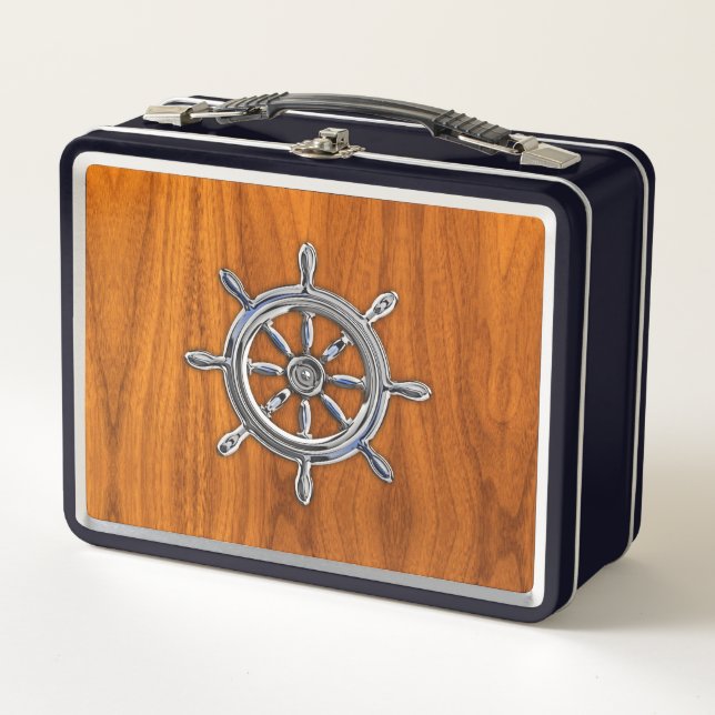 Chrome Wheel on Teak Veneer Styles Metal Lunch Box (Front)