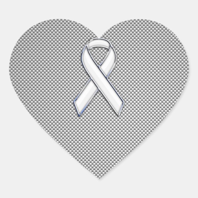 Chrome White Ribbon Awareness Carbon Fibre Print Heart Sticker (Front)