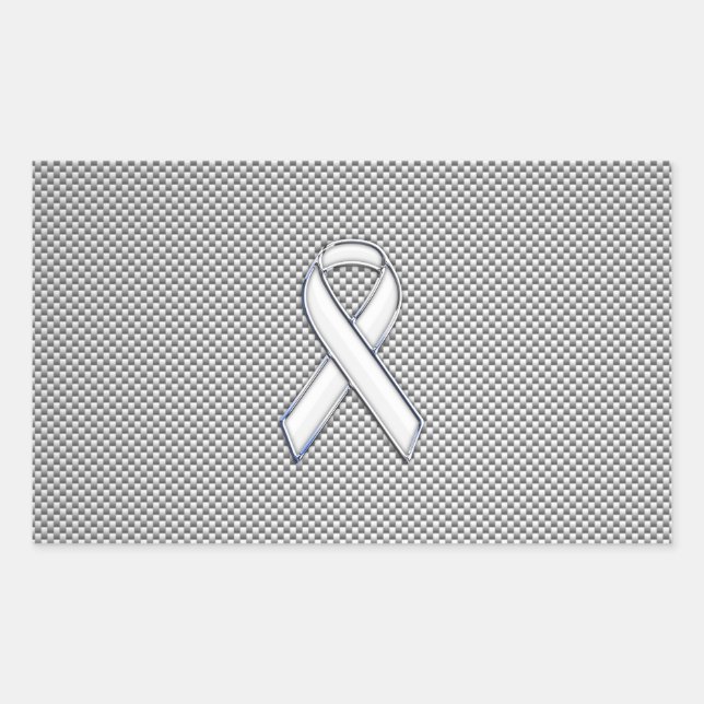 Chrome White Ribbon Awareness Carbon Fibre Print Rectangular Sticker (Front)