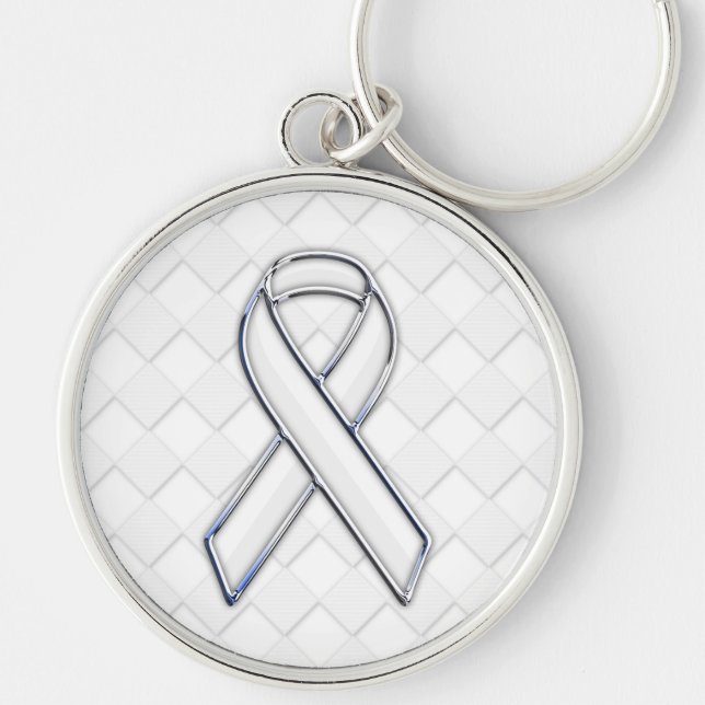 Chrome White Ribbon Awareness on Checkers Decor Key Ring (Front)
