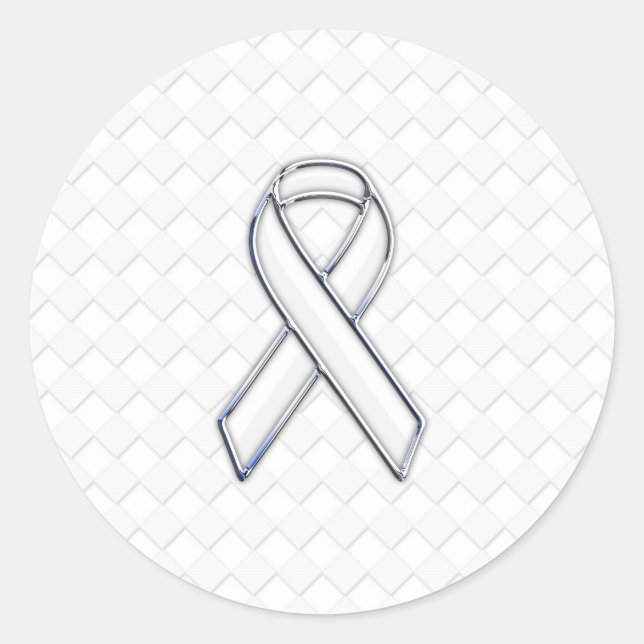 Chrome White Ribbon Awareness on Checkers Print Classic Round Sticker (Front)