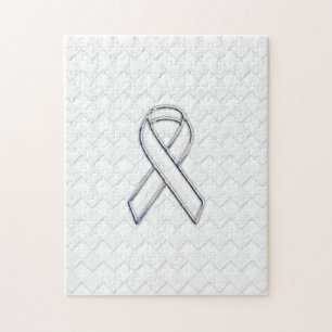 Chrome White Ribbon Awareness on Checkers Print Jigsaw Puzzle
