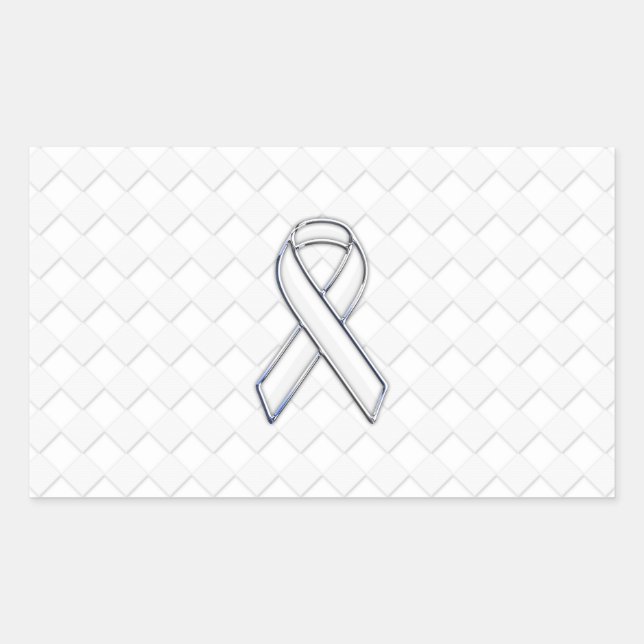 Chrome White Ribbon Awareness on Checkers Print Rectangular Sticker (Front)