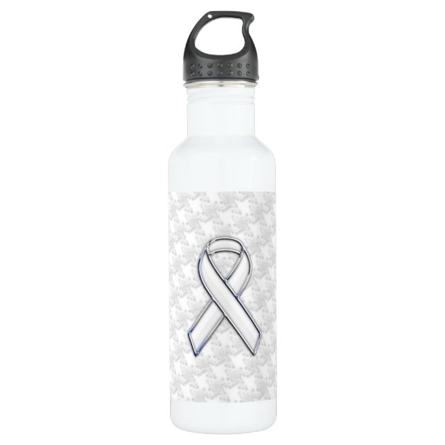 Chrome White Ribbon Awareness on Houndstooth Print 710 Ml Water Bottle (Front)
