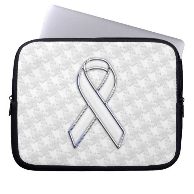 Chrome White Ribbon Awareness on Houndstooth Print Laptop Sleeve (Front)