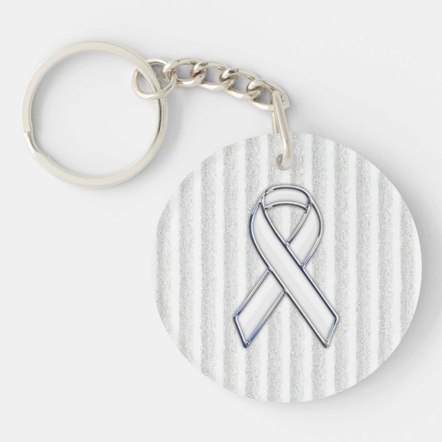 Chrome White Ribbon Awareness on Vertical Stripes Key Ring (Front)