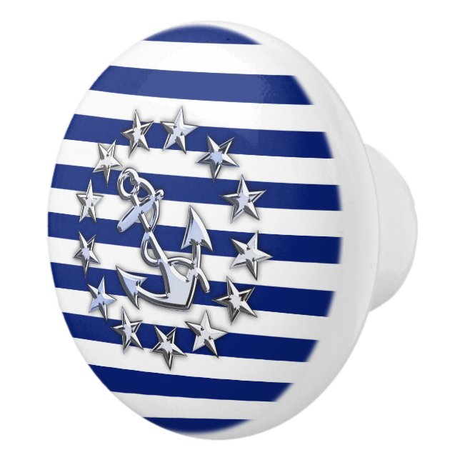Chrome Yacht Flag on Nautical Navy Blue Print Ceramic Knob (Right)