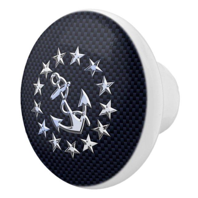 Chrome Yacht Flag on Navy Carbon Fibre Print Ceramic Knob (Right)