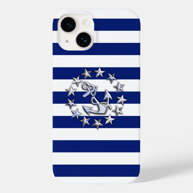 Chrome Yacht Flag Print on Navy Stripes Case-Mate iPhone Case (Back)