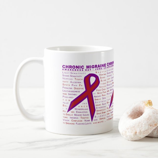 Chronic Migraine Awareness - Symptoms & Ribbon Mug (With Donut)