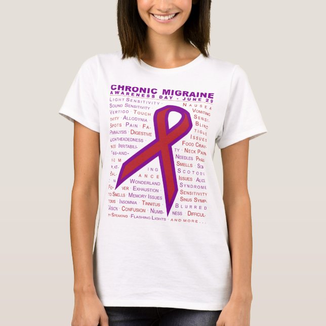 Chronic Migraine Awareness - Symptoms & Ribbon T-Shirt (Front)