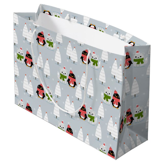 Chrsitmas Trees, Penguins and Cats Large Gift Bag (Back Angled)