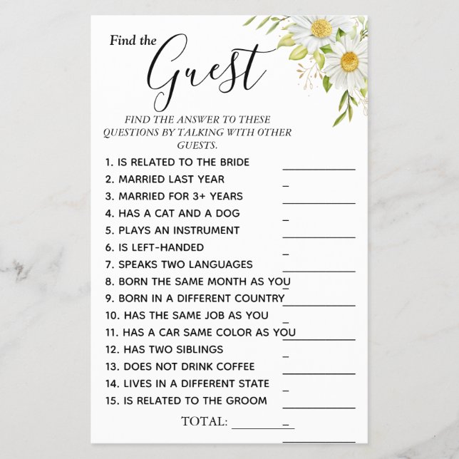 Chrysanthem Find the Guest Bridal shower game card (Front)